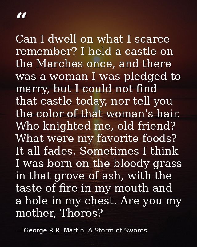 Can I dwell on what I scarce remember? I held a castle on the Marches once, and there was a woman I was pledged to marry — George R.R. Martin, A Storm of Swords