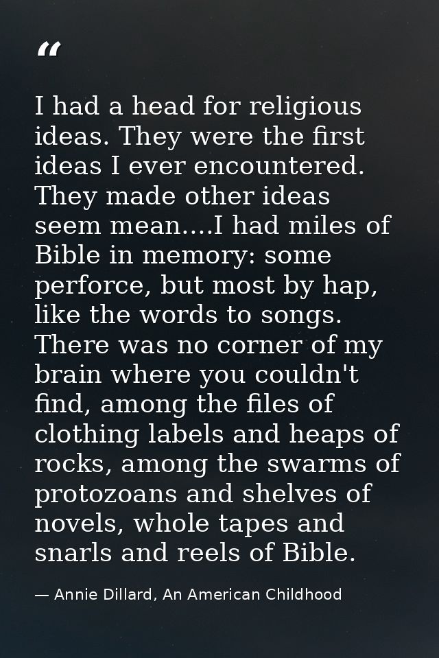 I had a head for religious ideas. They were the first ideas I ever encountered. They made other ideas seem mean....I had — Annie Dillard, An American Childhood