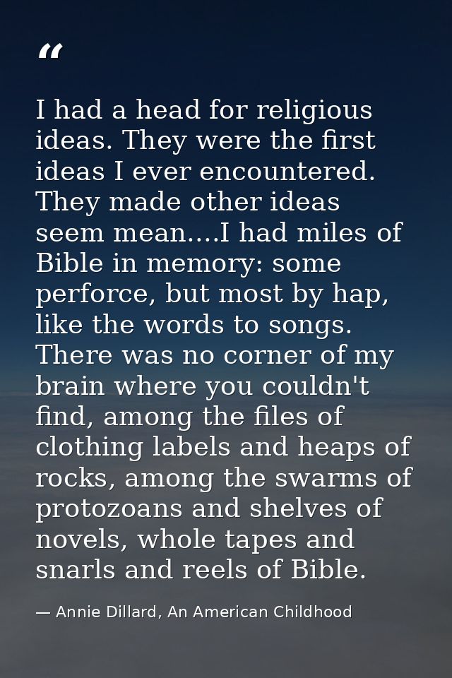 I had a head for religious ideas. They were the first ideas I ever encountered. They made other ideas seem mean....I had — Annie Dillard, An American Childhood