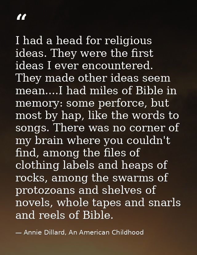 I had a head for religious ideas. They were the first ideas I ever encountered. They made other ideas seem mean....I had — Annie Dillard, An American Childhood