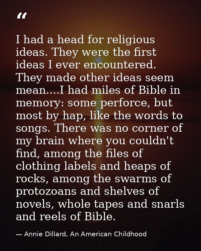 I had a head for religious ideas. They were the first ideas I ever encountered. They made other ideas seem mean....I had — Annie Dillard, An American Childhood