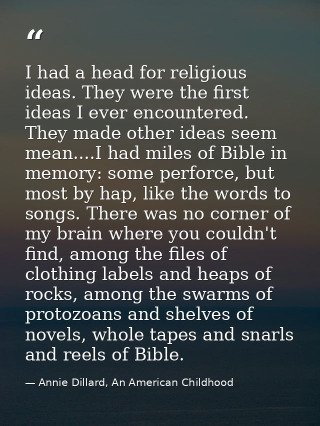 I had a head for religious ideas. They were the first ideas I ever encountered. They made other ideas seem mean....I had — Annie Dillard, An American Childhood