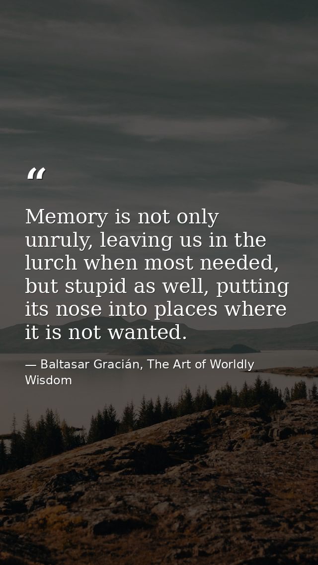 Memory is not only unruly, leaving us in the lurch when most needed, but stupid as well, putting its nose into places wh — Baltasar Gracián, The Art of Worldly Wisdom