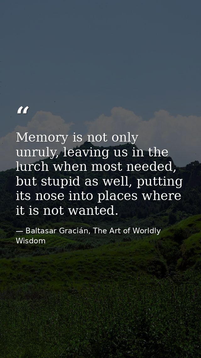 Memory is not only unruly, leaving us in the lurch when most needed, but stupid as well, putting its nose into places wh — Baltasar Gracián, The Art of Worldly Wisdom