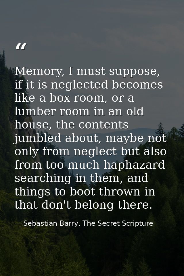Memory, I must suppose, if it is neglected becomes like a box room, or a lumber room in an old house, the contents jumbl — Sebastian Barry, The Secret Scripture