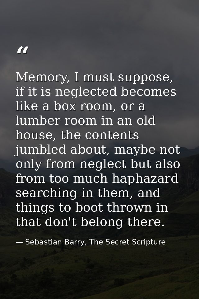 Memory, I must suppose, if it is neglected becomes like a box room, or a lumber room in an old house, the contents jumbl — Sebastian Barry, The Secret Scripture