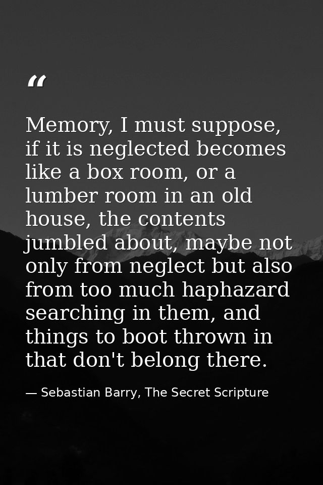 Memory, I must suppose, if it is neglected becomes like a box room, or a lumber room in an old house, the contents jumbl — Sebastian Barry, The Secret Scripture