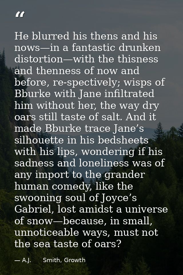 He blurred his thens and his nows—in a fantastic drunken distortion—with the thisness and thenness of now and before, re — A.J.      Smith, Growth