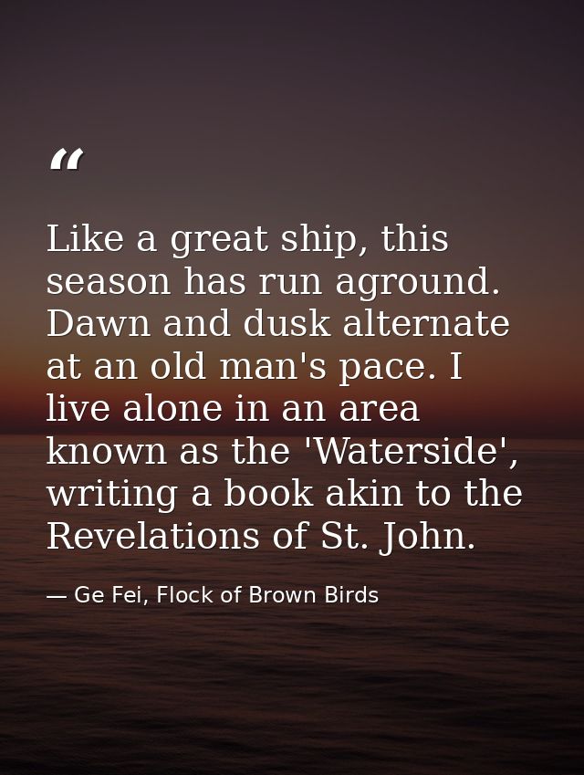 Like a great ship, this season has run aground. Dawn and dusk alternate at an old man's pace. I live alone in an area kn — Ge Fei, Flock of Brown Birds