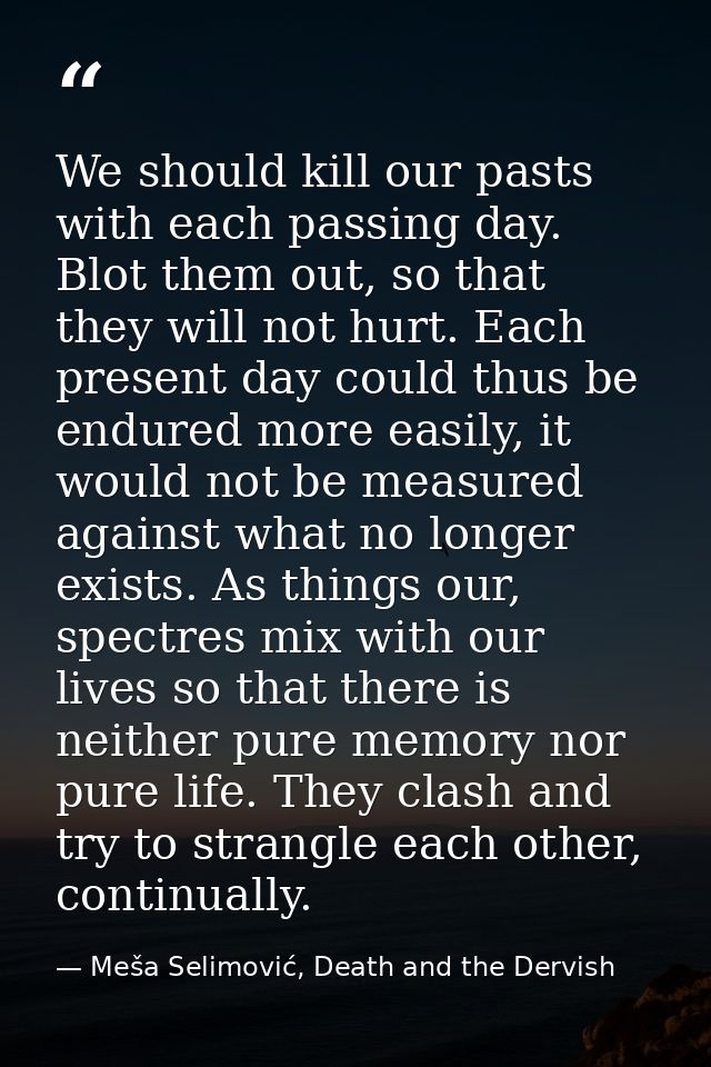 We should kill our pasts with each passing day. Blot them out, so that they will not hurt. Each present day could thus b — Meša Selimović, Death and the Dervish