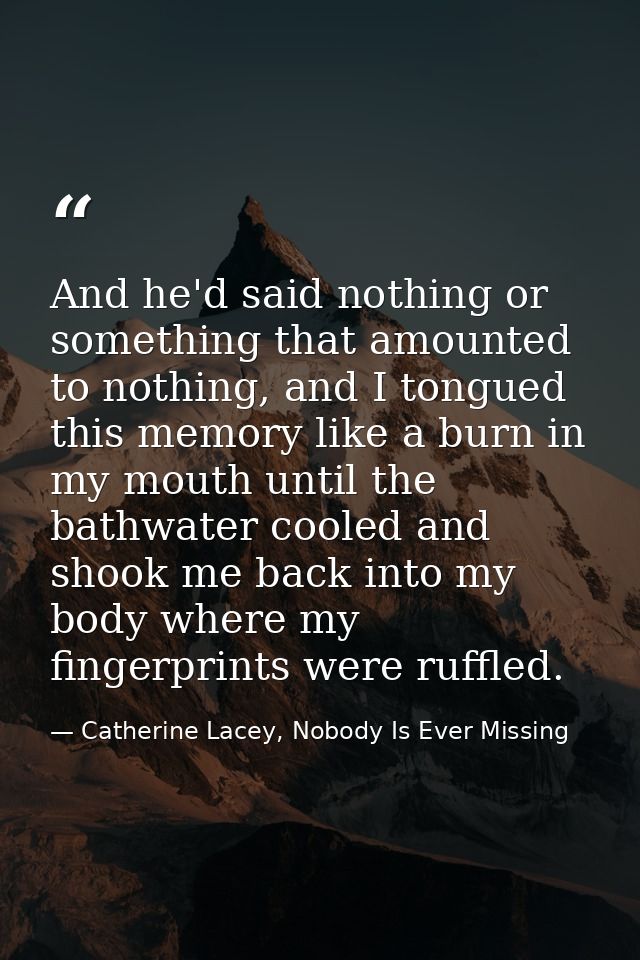 And he'd said nothing or something that amounted to nothing, and I tongued this memory like a burn in my mouth until the — Catherine Lacey, Nobody Is Ever Missing