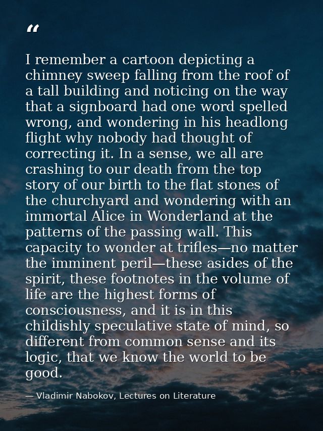 I remember a cartoon depicting a chimney sweep falling from the roof of a tall building and noticing on the way that a s — Vladimir Nabokov, Lectures on Literature