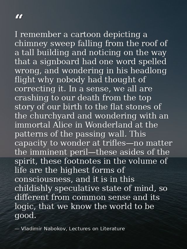I remember a cartoon depicting a chimney sweep falling from the roof of a tall building and noticing on the way that a s — Vladimir Nabokov, Lectures on Literature