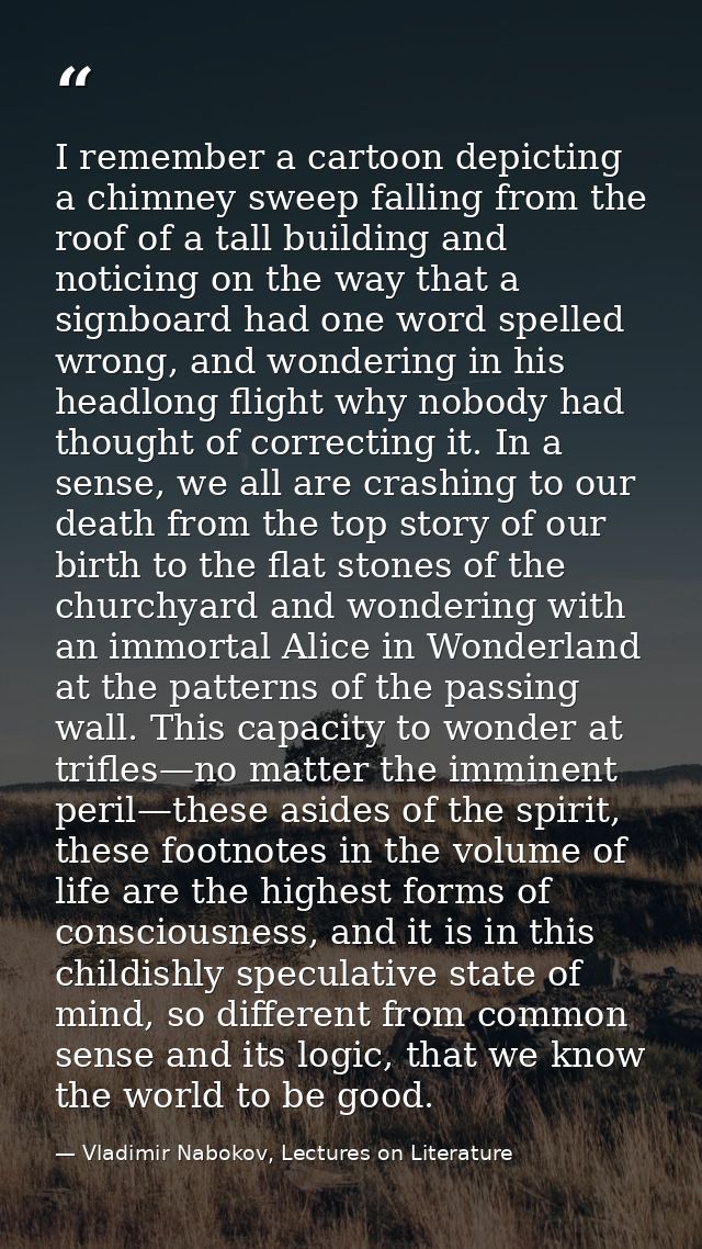 I remember a cartoon depicting a chimney sweep falling from the roof of a tall building and noticing on the way that a s — Vladimir Nabokov, Lectures on Literature