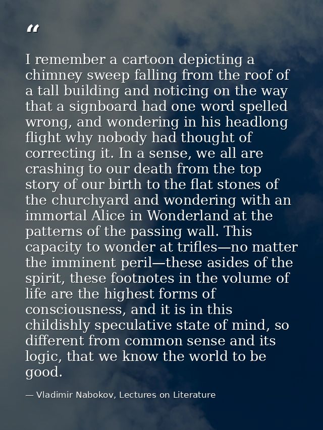 I remember a cartoon depicting a chimney sweep falling from the roof of a tall building and noticing on the way that a s — Vladimir Nabokov, Lectures on Literature