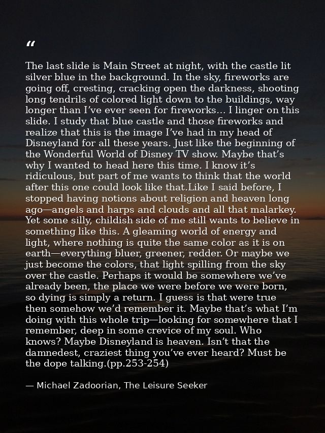 The last slide is Main Street at night, with the castle lit silver blue in the background. In the sky, fireworks are goi — Michael Zadoorian, The Leisure Seeker