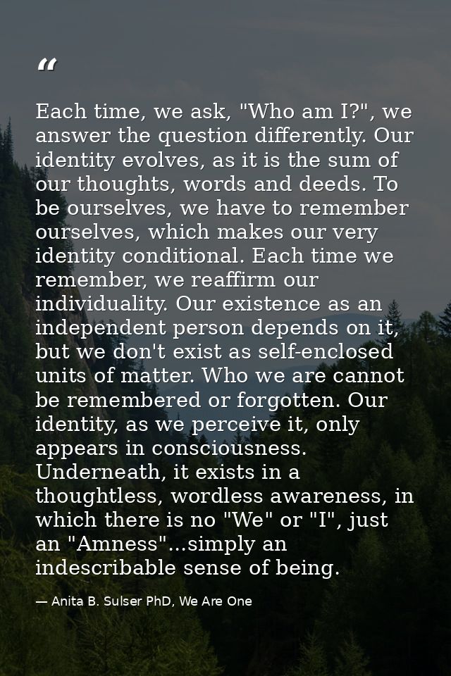 Each time, we ask, "Who am I?", we answer the question differently. Our identity evolves, as it is the sum of our though — Anita B. Sulser PhD, We Are One