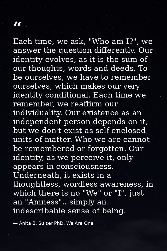 Each time, we ask, "Who am I?", we answer the question differently. Our identity evolves, as it is the sum of our though — Anita B. Sulser PhD, We Are One
