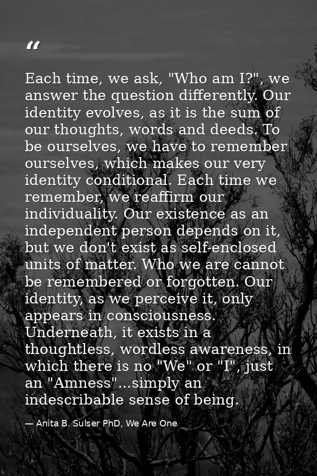 Each time, we ask, "Who am I?", we answer the question differently. Our identity evolves, as it is the sum of our though — Anita B. Sulser PhD, We Are One