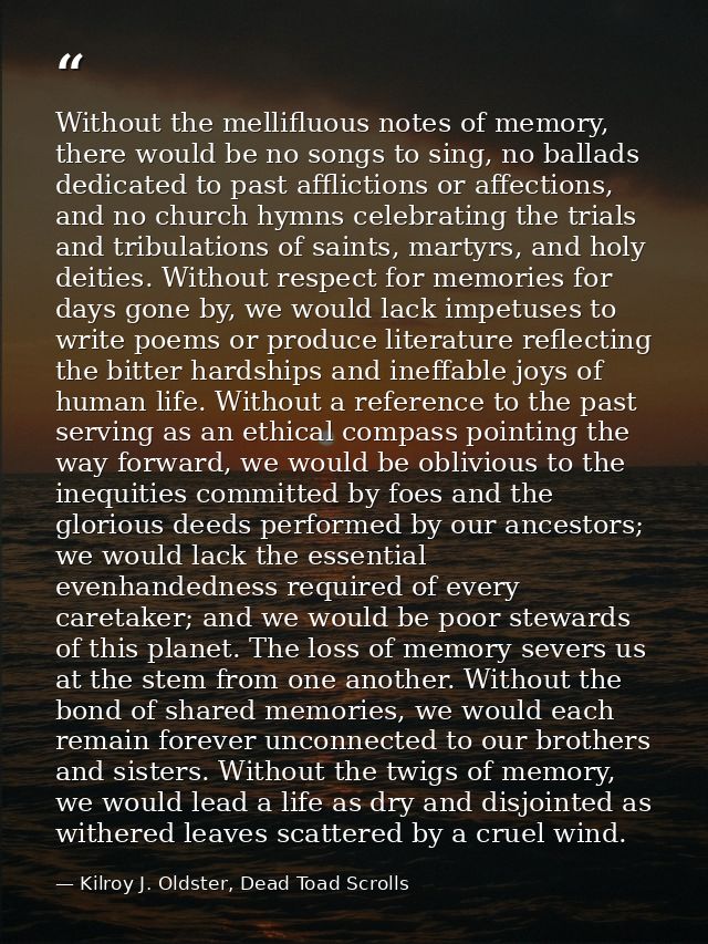 Without the mellifluous notes of memory, there would be no songs to sing, no ballads dedicated to past afflictions or af — Kilroy J. Oldster, Dead Toad Scrolls