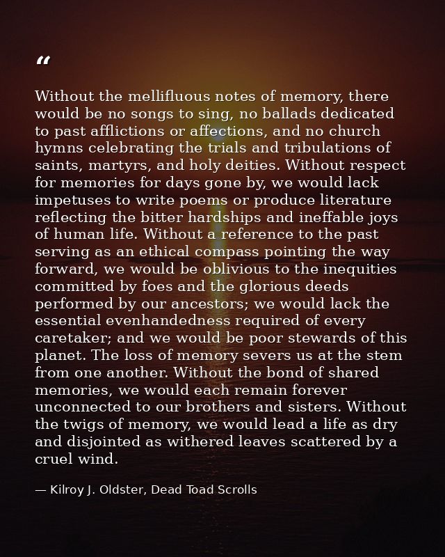 Without the mellifluous notes of memory, there would be no songs to sing, no ballads dedicated to past afflictions or af — Kilroy J. Oldster, Dead Toad Scrolls