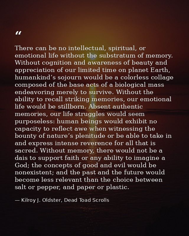 There can be no intellectual, spiritual, or emotional life without the substratum of memory. Without cognition and aware — Kilroy J. Oldster, Dead Toad Scrolls