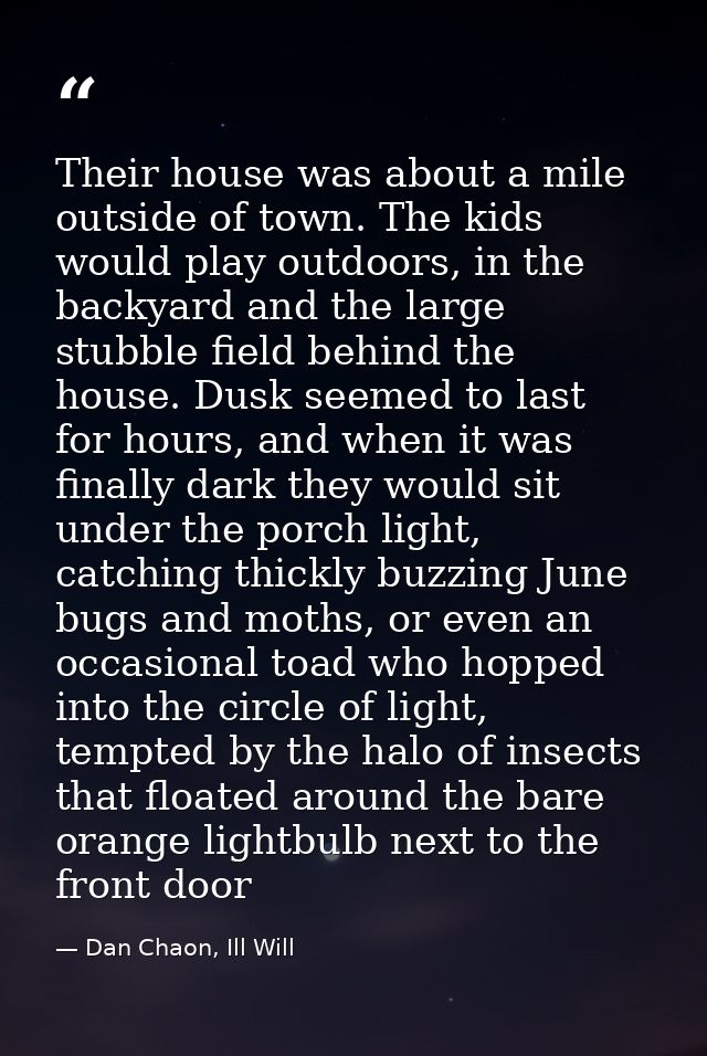 Their house was about a mile outside of town. The kids would play outdoors, in the backyard and the large stubble field  — Dan Chaon, Ill Will