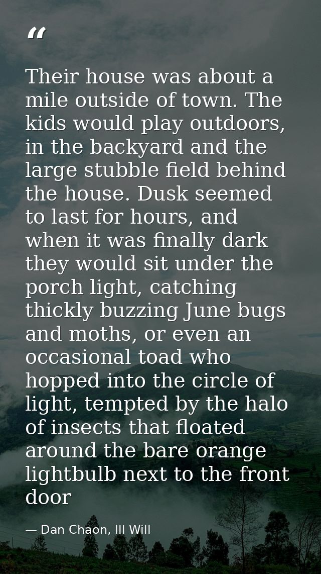 Their house was about a mile outside of town. The kids would play outdoors, in the backyard and the large stubble field  — Dan Chaon, Ill Will