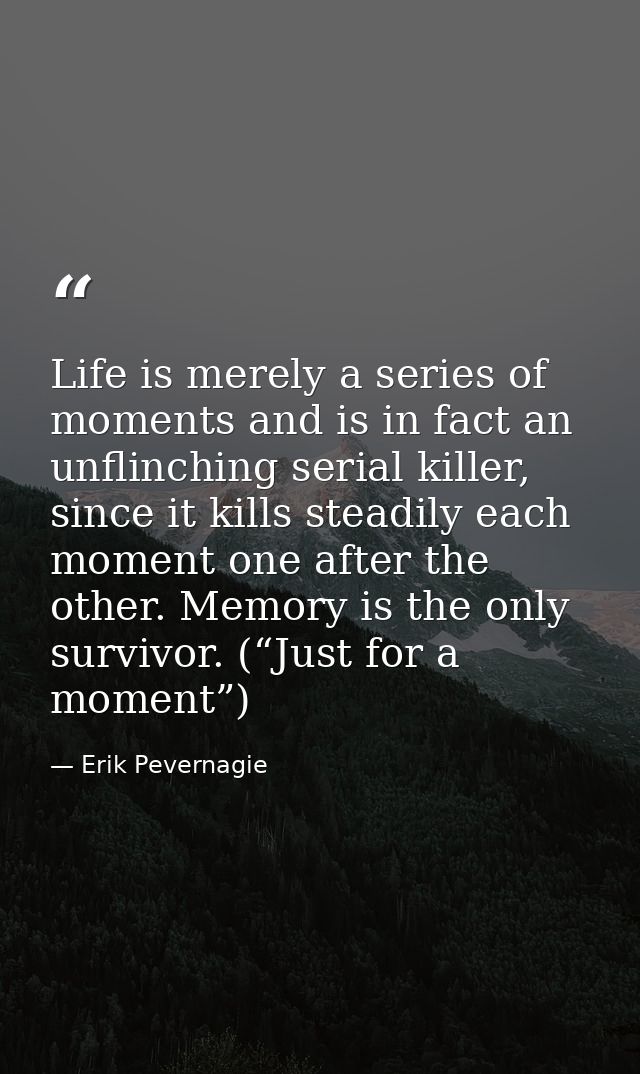 Life is merely a series of moments and is in fact an unflinching serial killer, since it kills steadily each moment one  — Erik Pevernagie