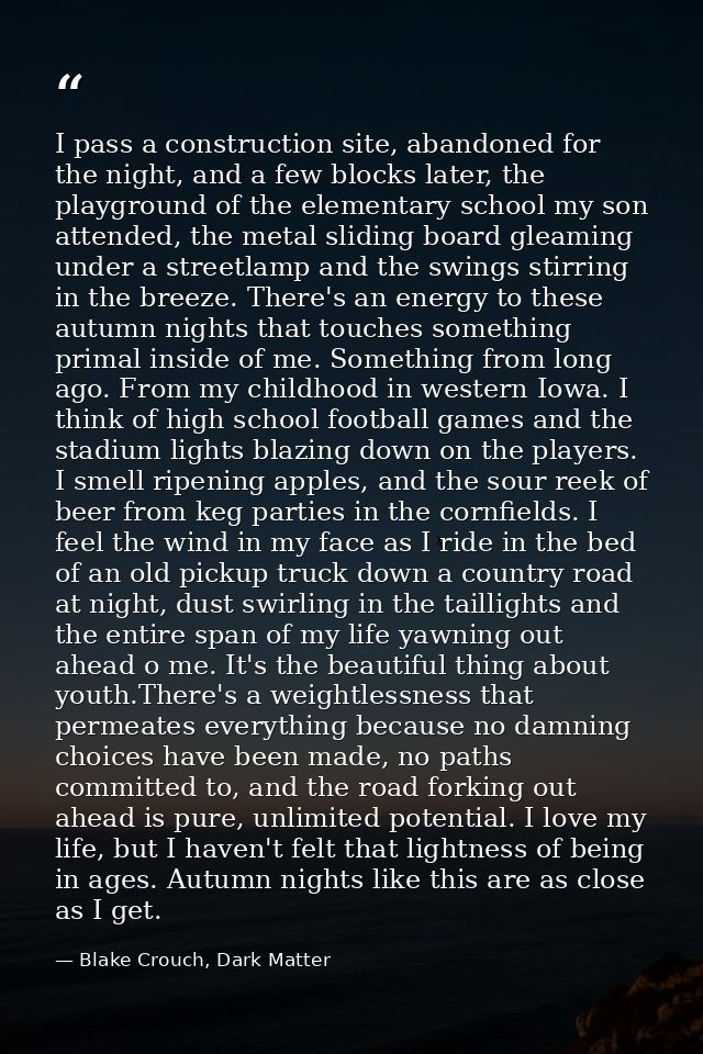 I pass a construction site, abandoned for the night, and a few blocks later, the playground of the elementary school my  — Blake Crouch, Dark Matter