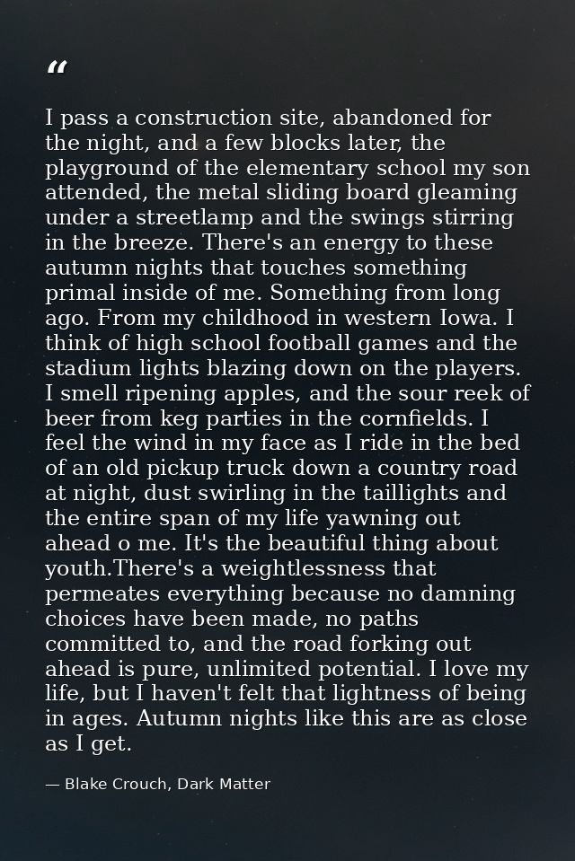 I pass a construction site, abandoned for the night, and a few blocks later, the playground of the elementary school my  — Blake Crouch, Dark Matter