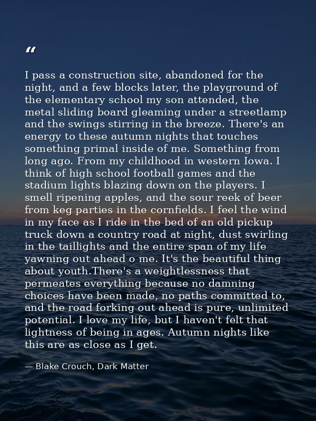I pass a construction site, abandoned for the night, and a few blocks later, the playground of the elementary school my  — Blake Crouch, Dark Matter