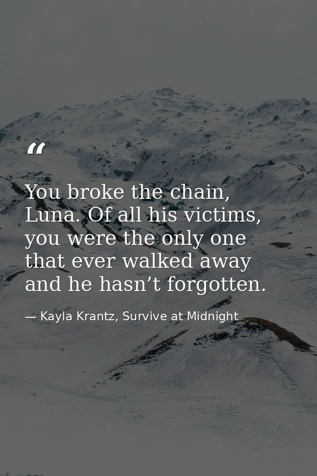You broke the chain, Luna. Of all his victims, you were the only one that ever walked away and he hasn’t forgotten. — Kayla Krantz, Survive at Midnight