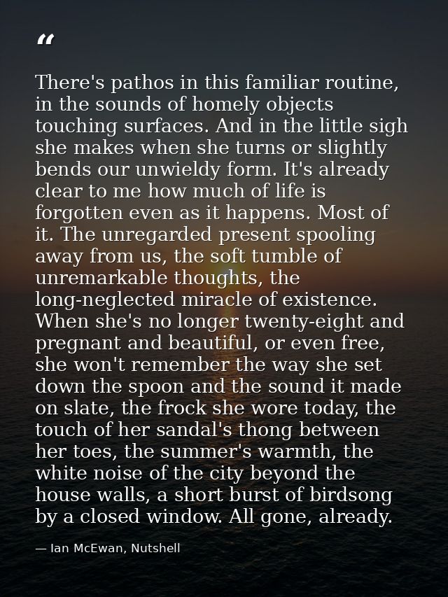 There's pathos in this familiar routine, in the sounds of homely objects touching surfaces. And in the little sigh she m — Ian McEwan, Nutshell