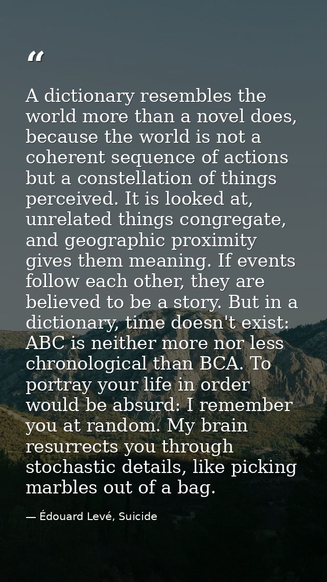 A dictionary resembles the world more than a novel does, because the world is not a coherent sequence of actions but a c — Édouard Levé, Suicide