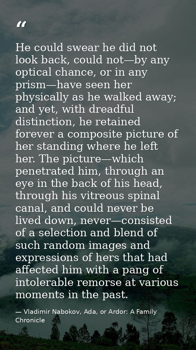 He could swear he did not look back, could not—by any optical chance, or in any prism—have seen her physically as he wal — Vladimir Nabokov, Ada, or Ardor: A Family Chronicle