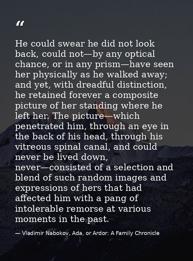He could swear he did not look back, could not—by any optical chance, or in any prism—have seen her physically as he wal — Vladimir Nabokov, Ada, or Ardor: A Family Chronicle