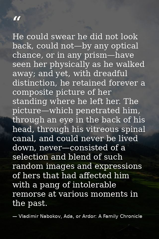 He could swear he did not look back, could not—by any optical chance, or in any prism—have seen her physically as he wal — Vladimir Nabokov, Ada, or Ardor: A Family Chronicle