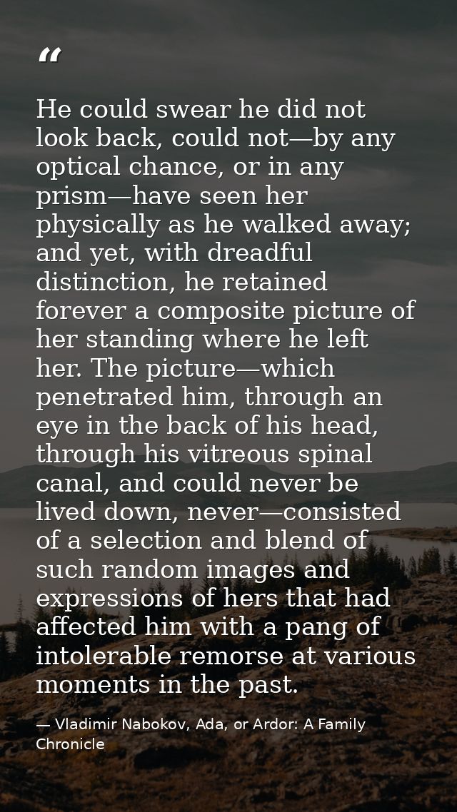 He could swear he did not look back, could not—by any optical chance, or in any prism—have seen her physically as he wal — Vladimir Nabokov, Ada, or Ardor: A Family Chronicle
