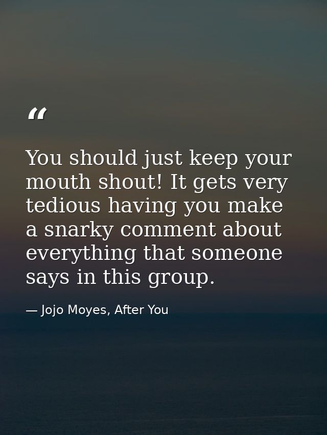 You should just keep your mouth shout! It gets very tedious having you make a snarky comment about everything that someo — Jojo Moyes, After You
