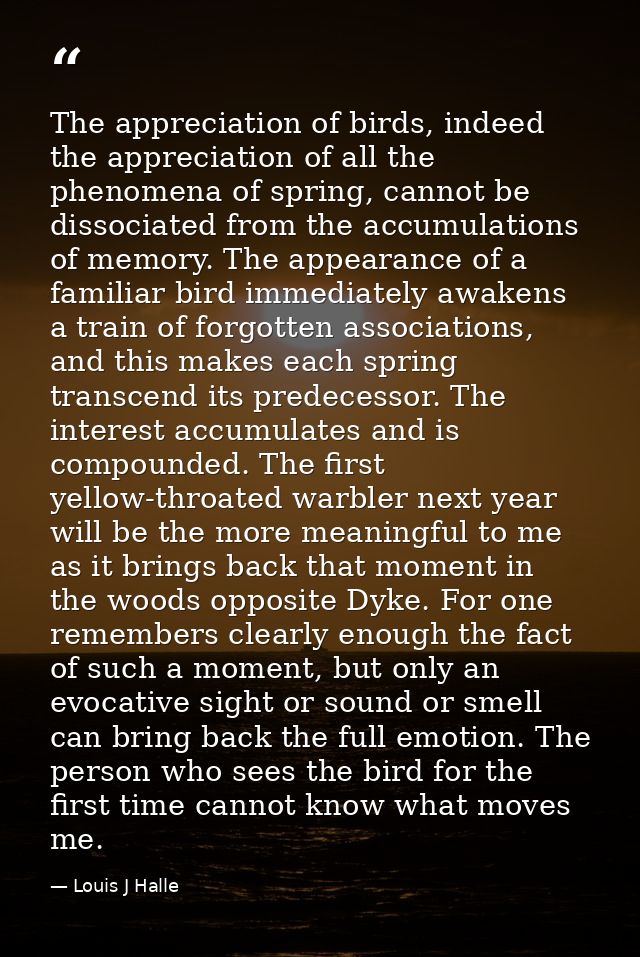 The appreciation of birds, indeed the appreciation of all the phenomena of spring, cannot be dissociated from the accumu — Louis J Halle