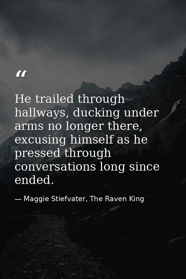 He trailed through hallways, ducking under arms no longer there, excusing himself as he pressed through conversations lo — Maggie Stiefvater, The Raven King