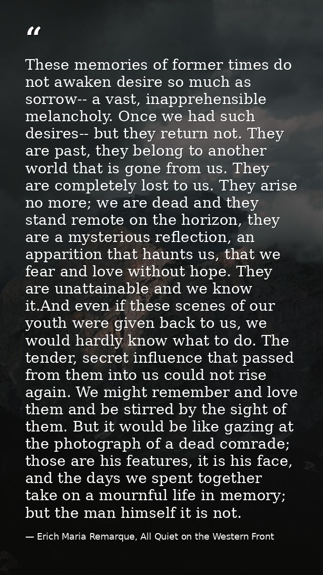 These memories of former times do not awaken desire so much as sorrow-- a vast, inapprehensible melancholy. Once we had  — Erich Maria Remarque, All Quiet on the Western Front