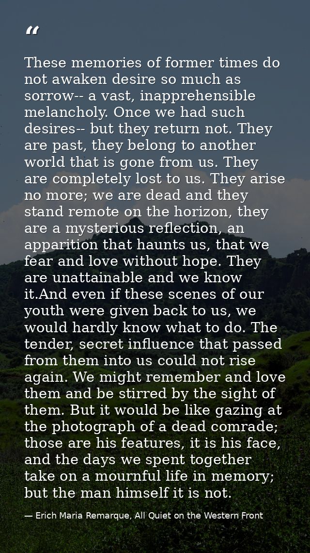 These memories of former times do not awaken desire so much as sorrow-- a vast, inapprehensible melancholy. Once we had  — Erich Maria Remarque, All Quiet on the Western Front