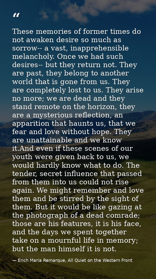 These memories of former times do not awaken desire so much as sorrow-- a vast, inapprehensible melancholy. Once we had  — Erich Maria Remarque, All Quiet on the Western Front