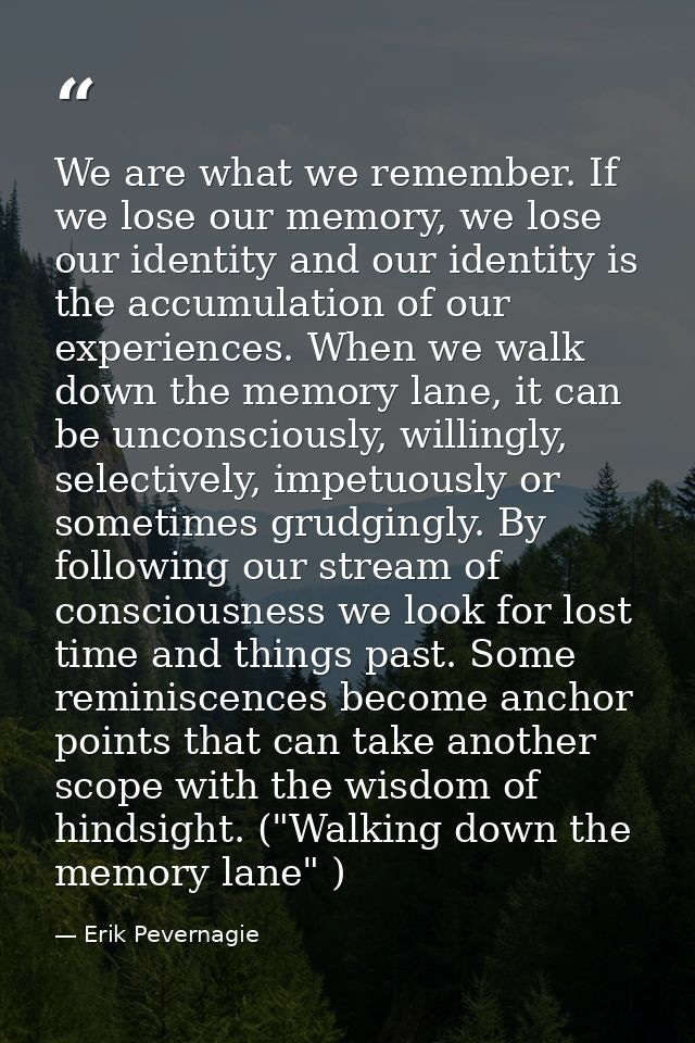 We are what we remember. If we lose our memory, we lose our identity and our identity is the accumulation of our experie — Erik Pevernagie