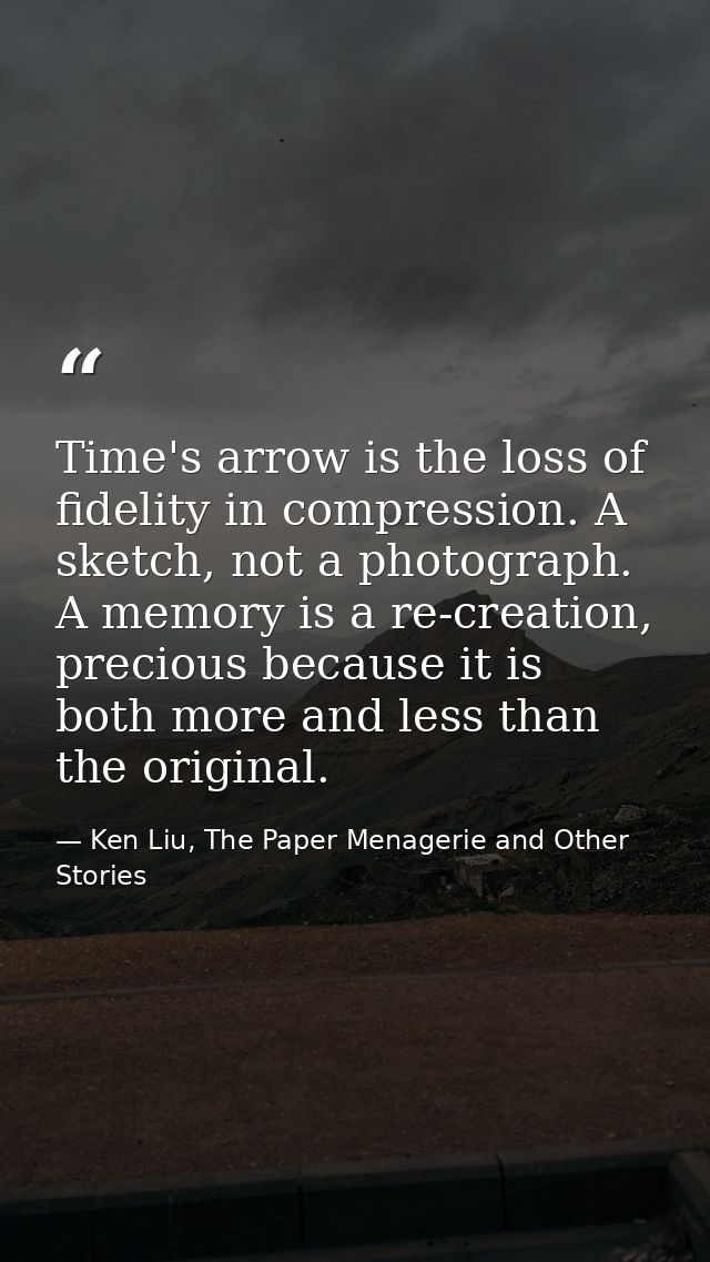 Time's arrow is the loss of fidelity in compression. A sketch, not a photograph. A memory is a re-creation, precious bec — Ken Liu, The Paper Menagerie and Other Stories