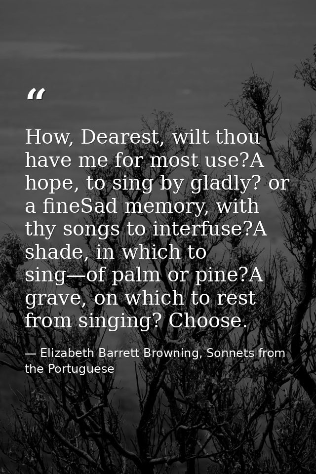 How, Dearest, wilt thou have me for most use?A hope, to sing by gladly? or a fineSad memory, with thy songs to interfuse — Elizabeth Barrett Browning, Sonnets from the Portuguese