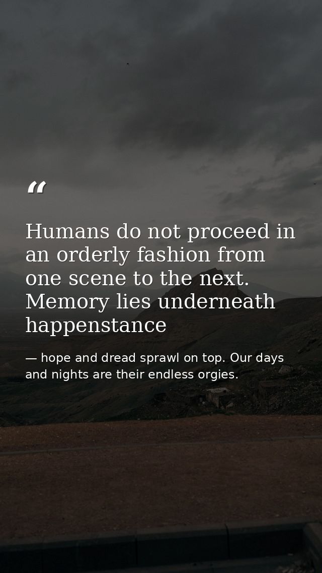 Humans do not proceed in an orderly fashion from one scene to the next. Memory lies underneath happenstance — hope and dread sprawl on top. Our days and nights are their endless orgies.