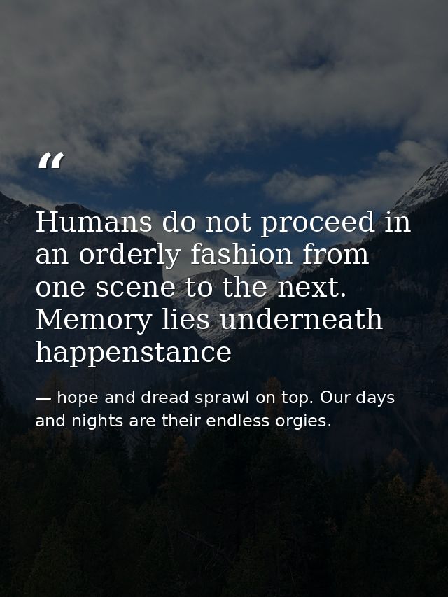 Humans do not proceed in an orderly fashion from one scene to the next. Memory lies underneath happenstance — hope and dread sprawl on top. Our days and nights are their endless orgies.